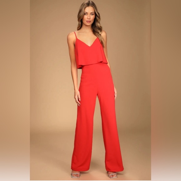 Lulus Pants - Lulus Make It a Date Coral Red Sleeveless Wide-Leg Jumpsuit